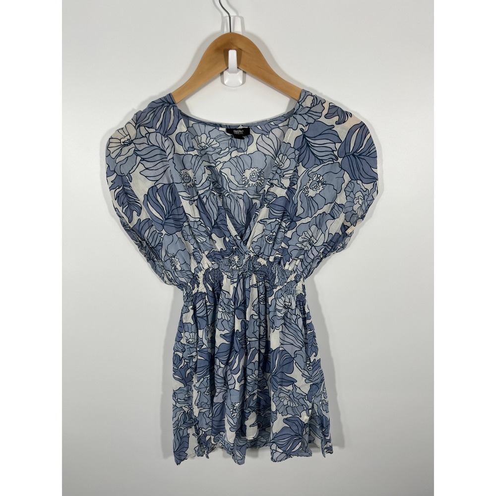 Y2K Babydoll Womens Top L Blue Floral 100% Cotton‎ Coastal Euro Summer Resort